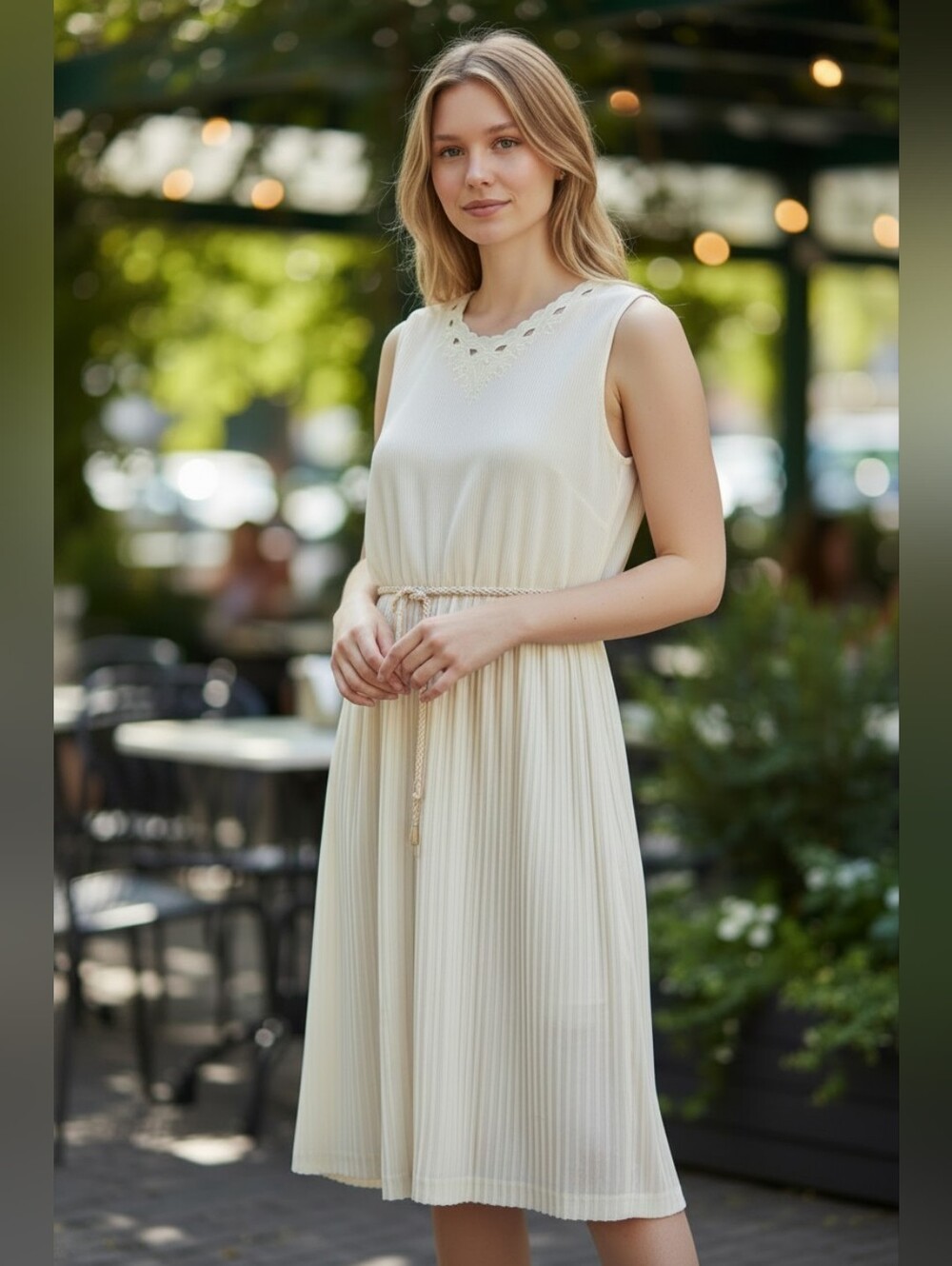 Vintage Cream Pleated Midi Dress | Embroidered Scalloped Neckline | Elastic Wais